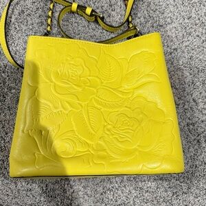 Patricia Nash Ledra Yellow Tooled Leather Bucket Bag  Chain Strap Crossbody